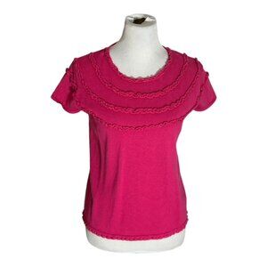 J. Marco Pullover Sweater Women's Size Med Pink Short Sleeve Ruffle Round Neck